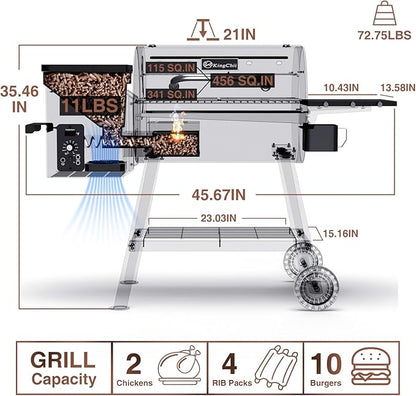 KingChii Electric Wood Pellet Grill & Smoker with Side Shelf, 456 SQ.IN Grill Capacity, with PID Temperature Control (180-425°F) for Backyard Camping Bake and Roast, Black with Cover