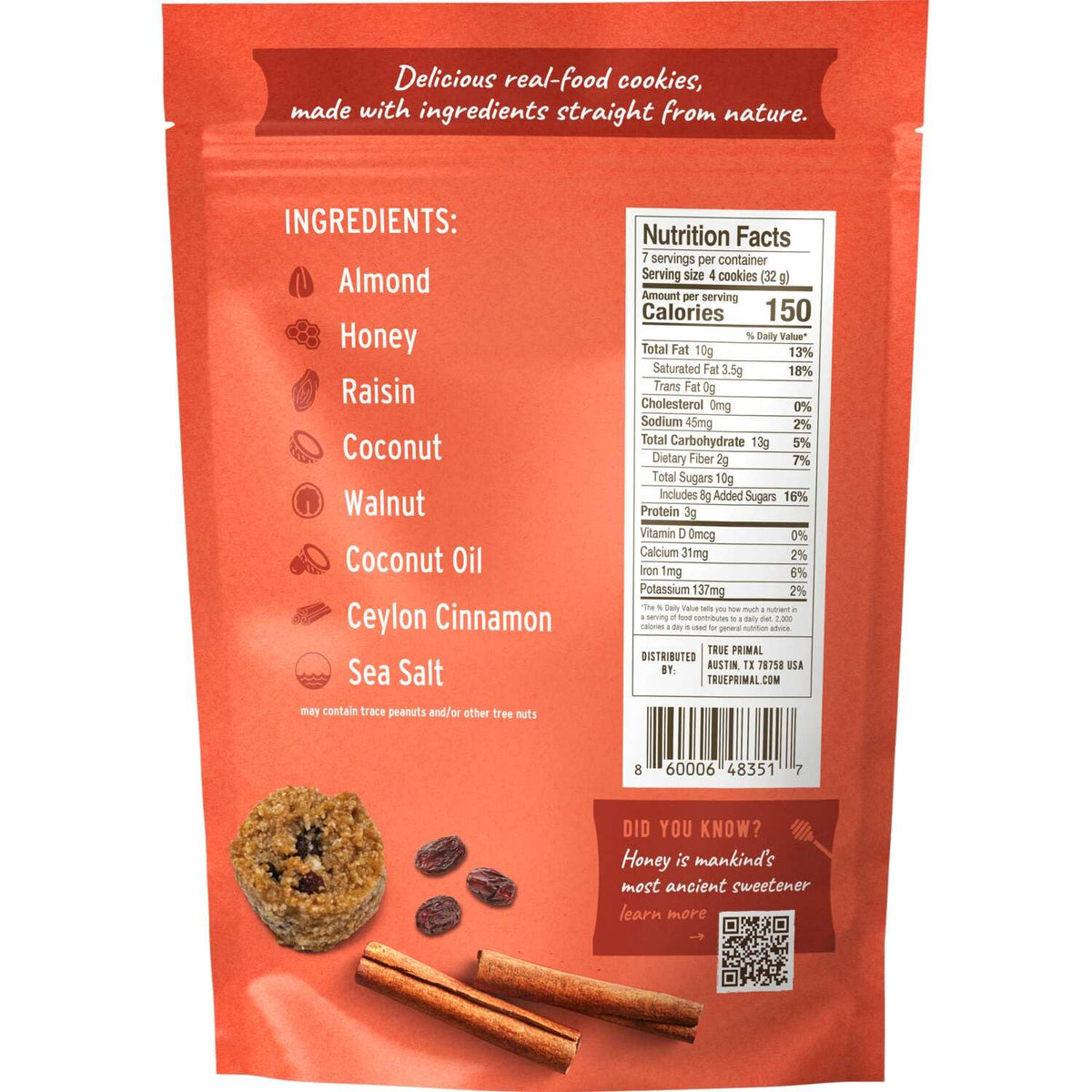 Ona Cinnamon Raisin Cookies 4-pack, Made with Honey, Ready to eat, Gluten free, Grain free, Dairy free, Paleo
