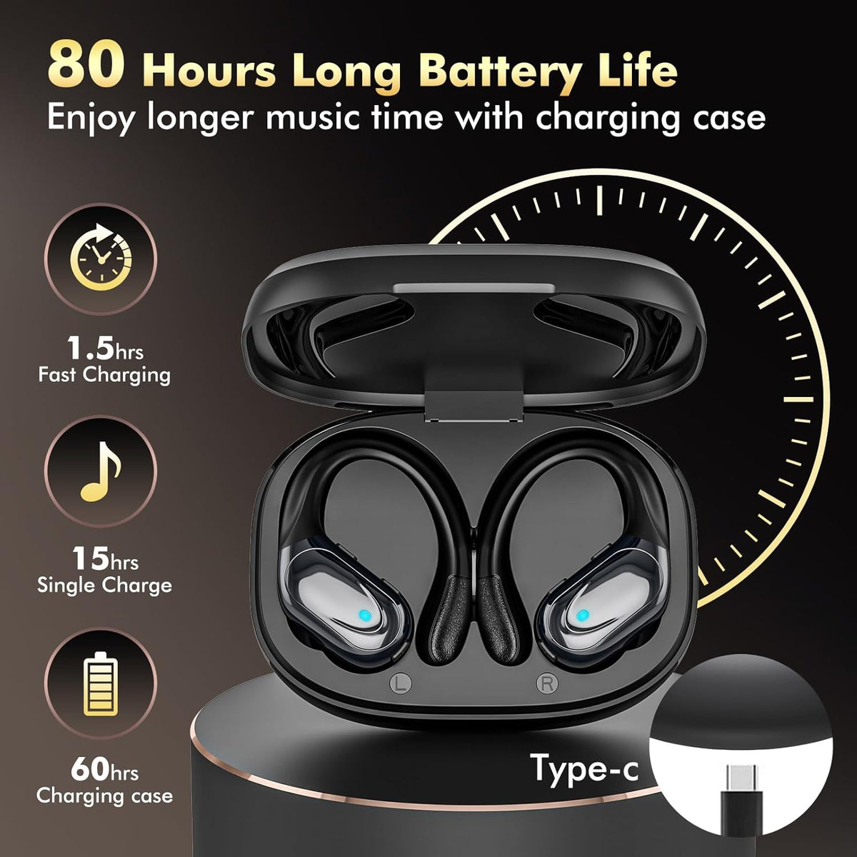 Wireless Earbuds, Sports Bluetooth Headphones, 80Hrs Playtime Ear Buds with LED Power Display, Noise Canceling Headset, IPX7 Waterproof Earphones for Workout/Running (Black)