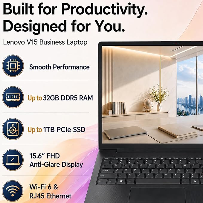 Lenovo V15 Ultra Slim College Student Laptop | 15.6" Anti-Glare FHD Display | Powerful Intel Quad-Core Processor | 16GB DDR5 RAM | 256GB SSD | Wi-Fi 6, Ethernet, HDMI, All-Day Battery | Windows 11 Pro