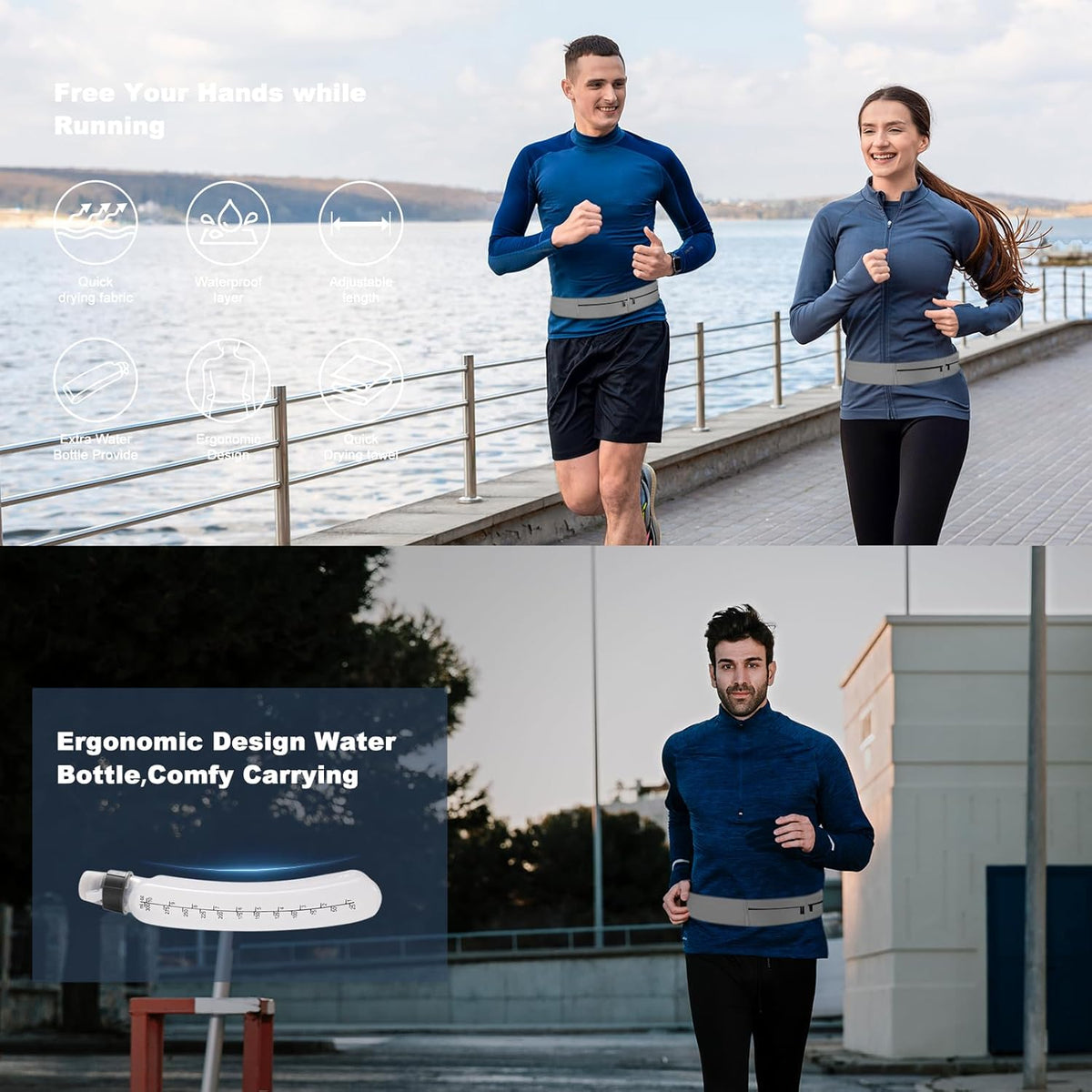 Running Belt for Women and Men, Water Proof Running Belts Fanny Pack with Water Bottle,Slim Hydration Running Bag Belts with Phone Bottle Holder Adjustable Fit for Runner (Grey, Large)