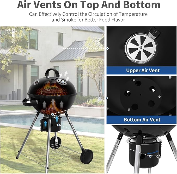 18.5-Inch Portable Charcoal Grill, Heavy Duty Kettle BBQ Smoker with Built-in Thermometer & Removable Water-Rinsable Ash Catcher for Outdoor Camping, Patio, Backyard, and Tailgating