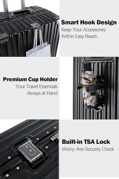 HotWay 26 Inch Aluminum Frame Luggage with Spinner Wheels, PC Hard Shell Suitcase with Cup Holder, Zipperless Luggage for Business Travel, Black