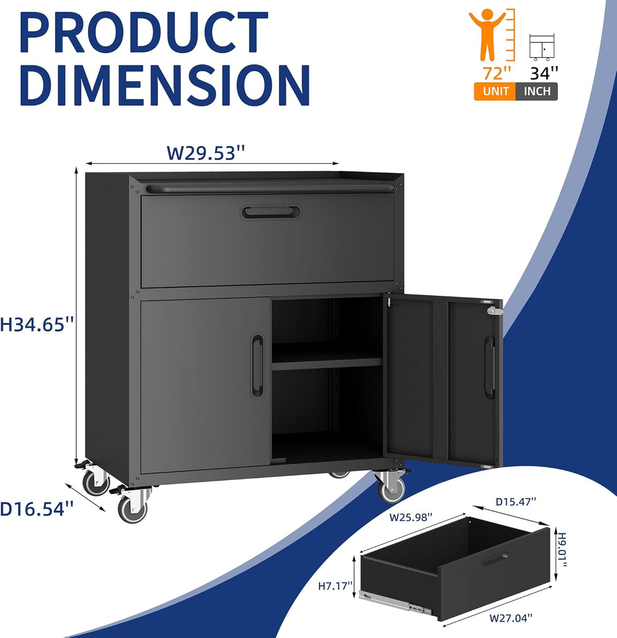 Metal Garage Storage Cabinet with Wheels,Locking Rolling Tool Cabinet with Drawers and Shelves for Home, Office, Garage & Workshop