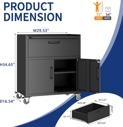 Metal Garage Storage Cabinet with Wheels,Locking Rolling Tool Cabinet with Drawers and Shelves for Home, Office, Garage & Workshop