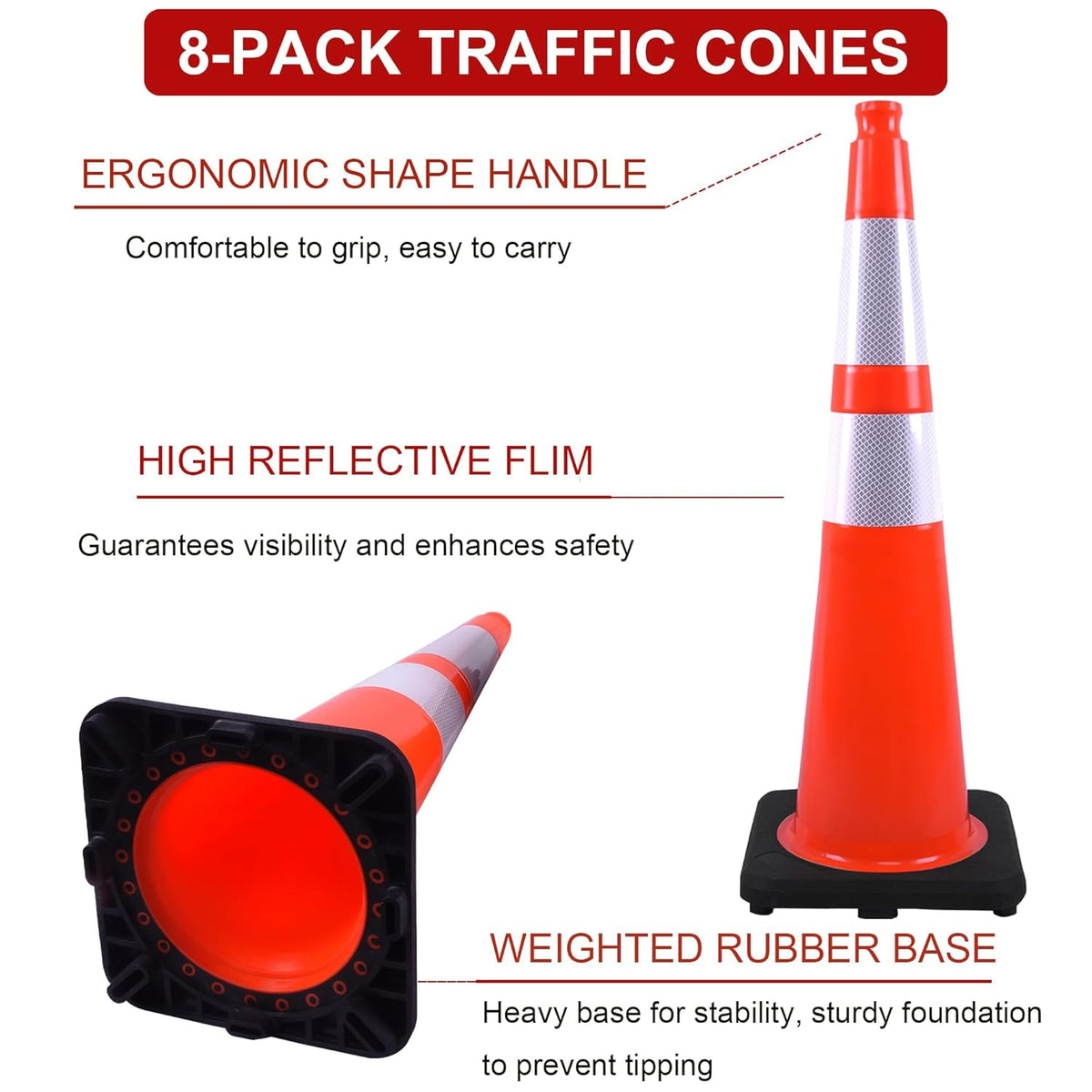 OrangeStar 36" Traffic Cones 8-Pack, Orange Safety Cones with Reflective Collars, Weighted Rubber Base for Parking, Construction, Road Safety, Indoor & Outdoor Use