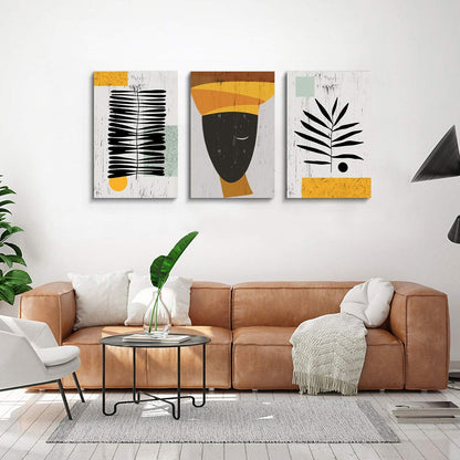 Framed Canvas Wall Art African Ethno Motive Wall Art Set, Abstract Ethno Art, African American Woman Portrait, Black Orange Print, Contemporary Collage, Minimalist (S-3pcs,24x36inchx3pcs)