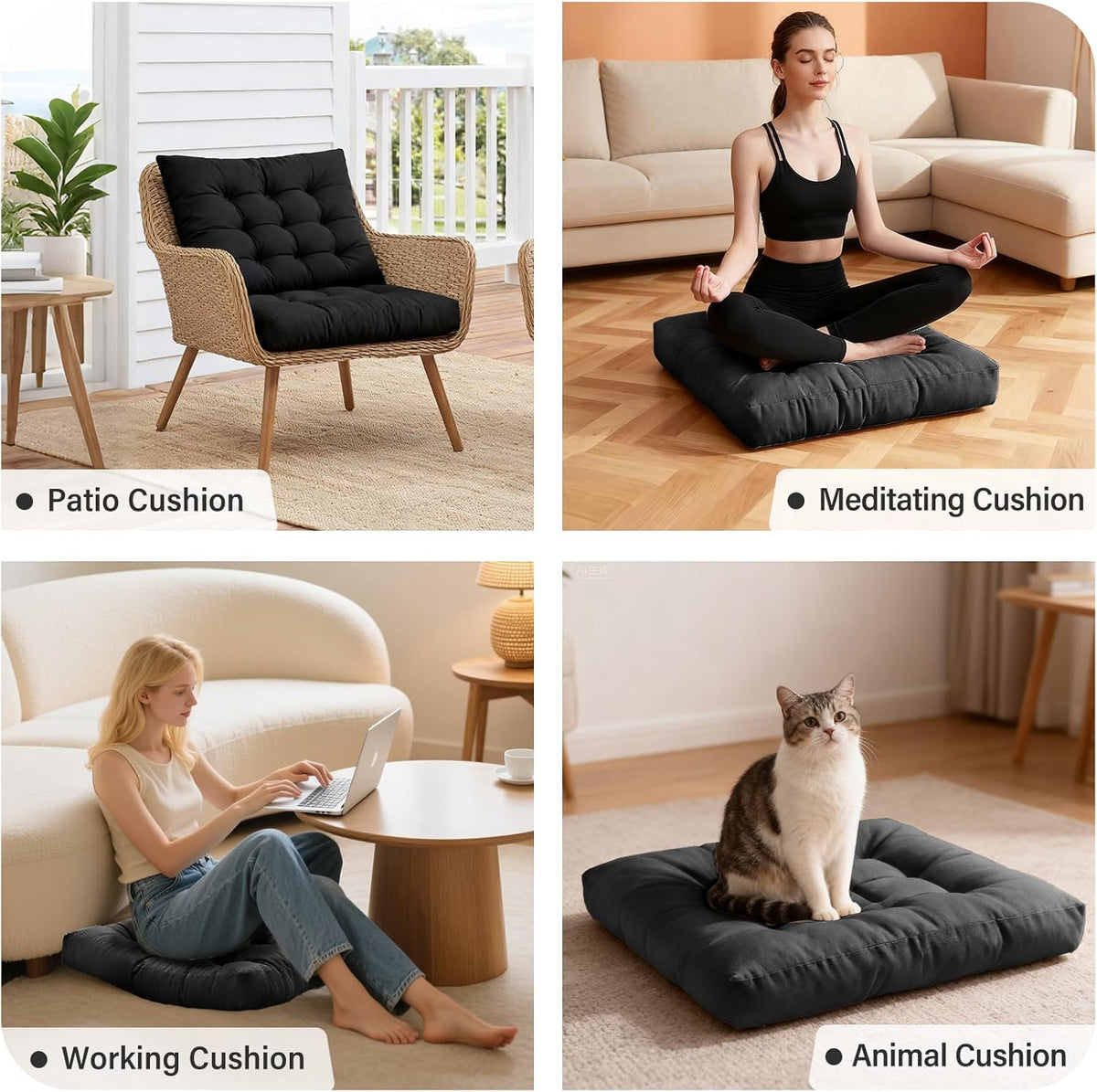 Tiita Square Floor Pillow, Thicken Tufted Seat Cushion, Floor Cushion for Yoga Meditation Living Room Balcony Office Outdoor, Set of 2, 22x22 Inch, Black