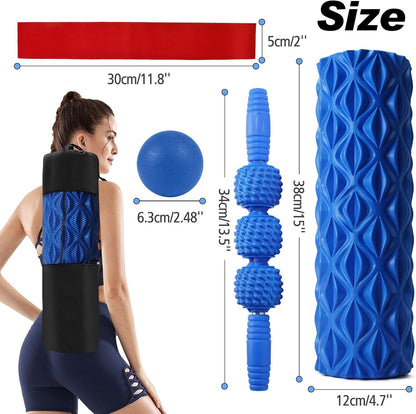 5 in 1 Foam Roller Set Trigger Point Foam Roller, Massage Roller Stick, Massage Ball, Stretching Strap for Deep Muscle Massage Pilates Yoga, Fitness Exercise for Whole Body (Blue Diamond)