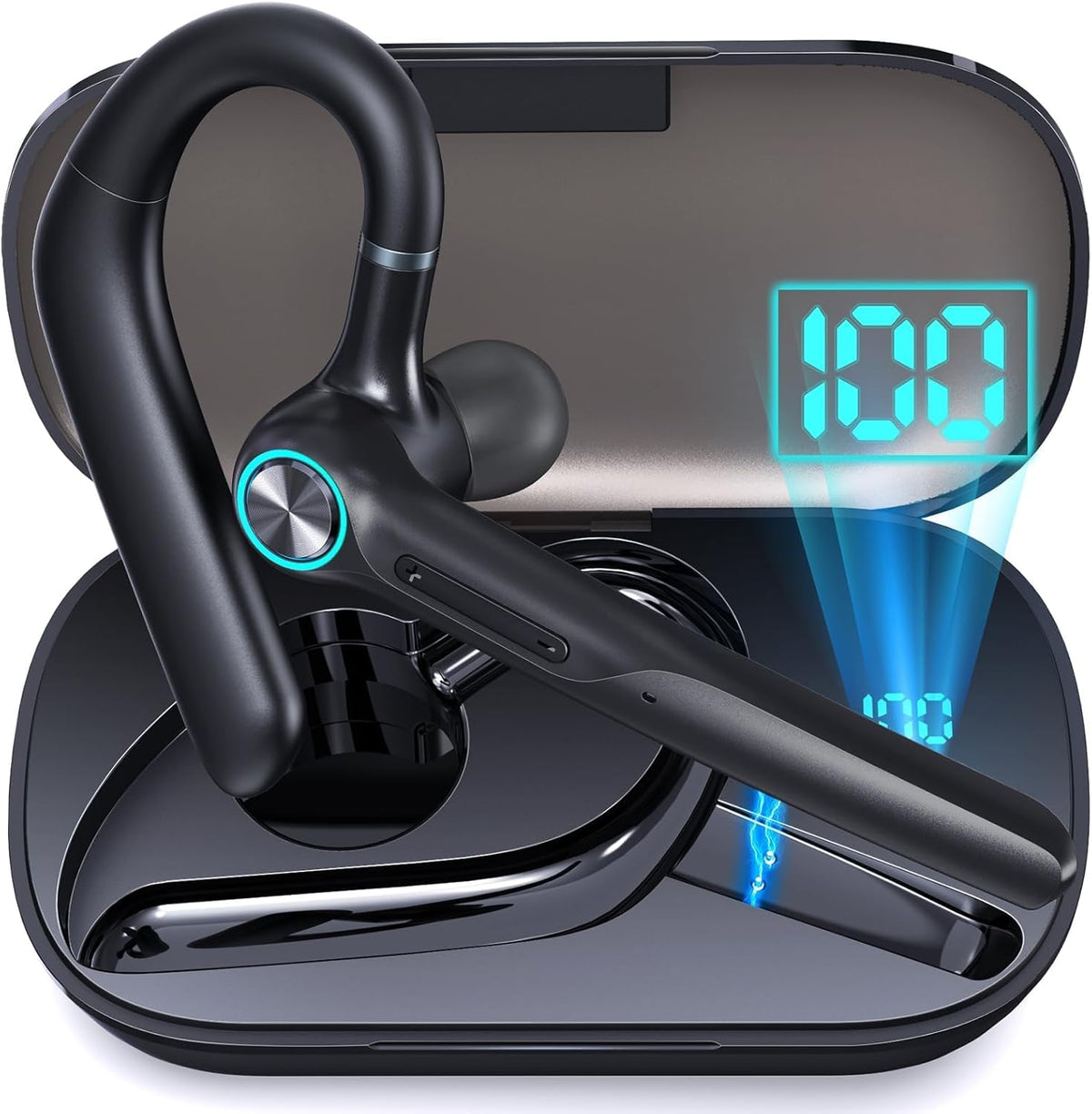 Bluetooth Headset Wireless Earpiece 60Hrs Playback Built-in Dual Mic Noise Canceling Wireless Headset Earphone with 400mAh LED Charging Case for Business Office Trucker (Black)