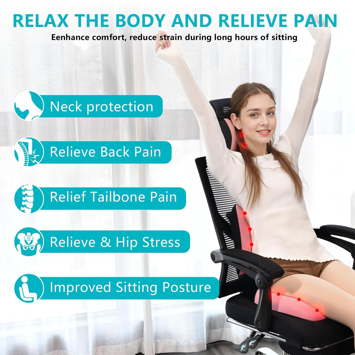 FLORICH 3 PCS Seat Cushion for Carseat Lumbar Support Pillow Car Neck Headrest Pillows Memory Foam Seat Pads Pressure Relief Back Cushion for Office Chair(Pink)