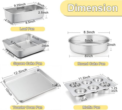 TeamFar Bakeware Sets, Stainless Steel Toaster Oven Baking Roasting Pans, Square/Round Cake Pan, Loaf Pan & Muffin Pan, Healthy & Heavy Duty, Smooth & Dishwasher Safe-5 PCS