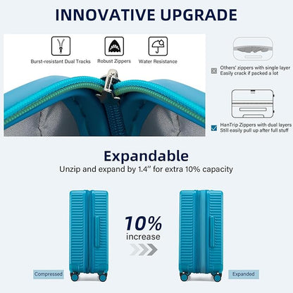 Hard Shell Suitcases Expandable Travel Luggage Sets 3 Piece, Carry on and Check in 3 Piece Luggage Suitcase Sets with Spinner Wheels Cup Holder Charger Built in (Caribbean Blue, 20/24/28)