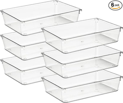 Ravinte 6 Pack Drawer Organizer - 6" X 9" Plastic Storage Bins, Acrylic Organizers with Non-Slip Pads Clear Desk Storage Tray for Makeup, Jewelries, Kitchen Utensils, Bathroom and Office