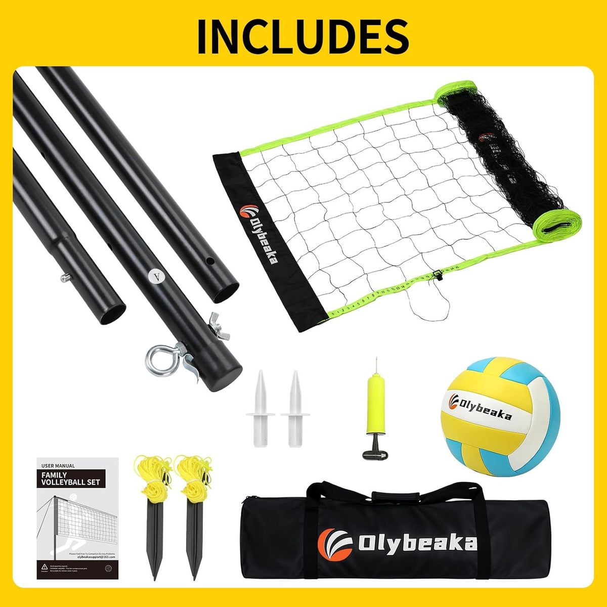 20FT Outdoor Volleyball Net Set System for Backyard Beach with Anti-Sagging Net, Iron Adjustable Height Poles, Soft PU Volleyball and Pump, Carry Bag - Instant Set Up & Durable