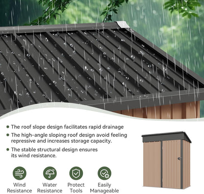 Aoxun 5x3 FT Shed Outdoor Waterproof Storage Shed Metal Garden Shed with Lockable Doors & Slooping Roof for Backyard, Patio, Poolside (Brown)