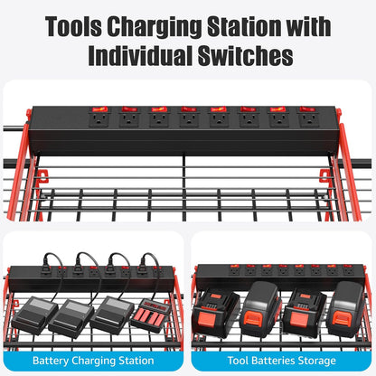 CCCEI Red Power Tool Organizer Wall Mount, Large Tools and Battery Storage Rack Charging Station Individual Switches. Drills Holder, Garage Utility Shelves with 6FT Power Strip. Gift for Men.