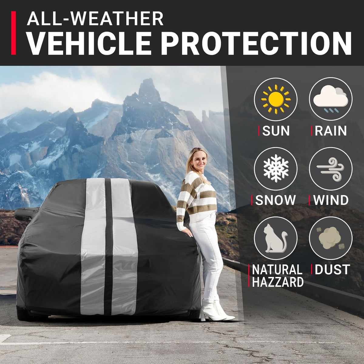 iCarCover Custom Car Cover for Chevy Sonic Hatchback (2012-2021) Waterproof All Weather Rain Snow UV Sun Protector Full Exterior Indoor Outdoor Car Cover (Stripe - Black/Gray)