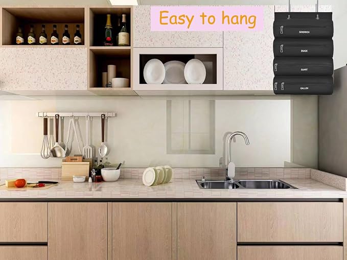 Zipper Bag Organizer Compatible with Gallon, Quart, Sandwich & Snack Food Storage Bag, Kitchen Plastic Bag Storage Organizer for Kitchen RV Camper (Black)
