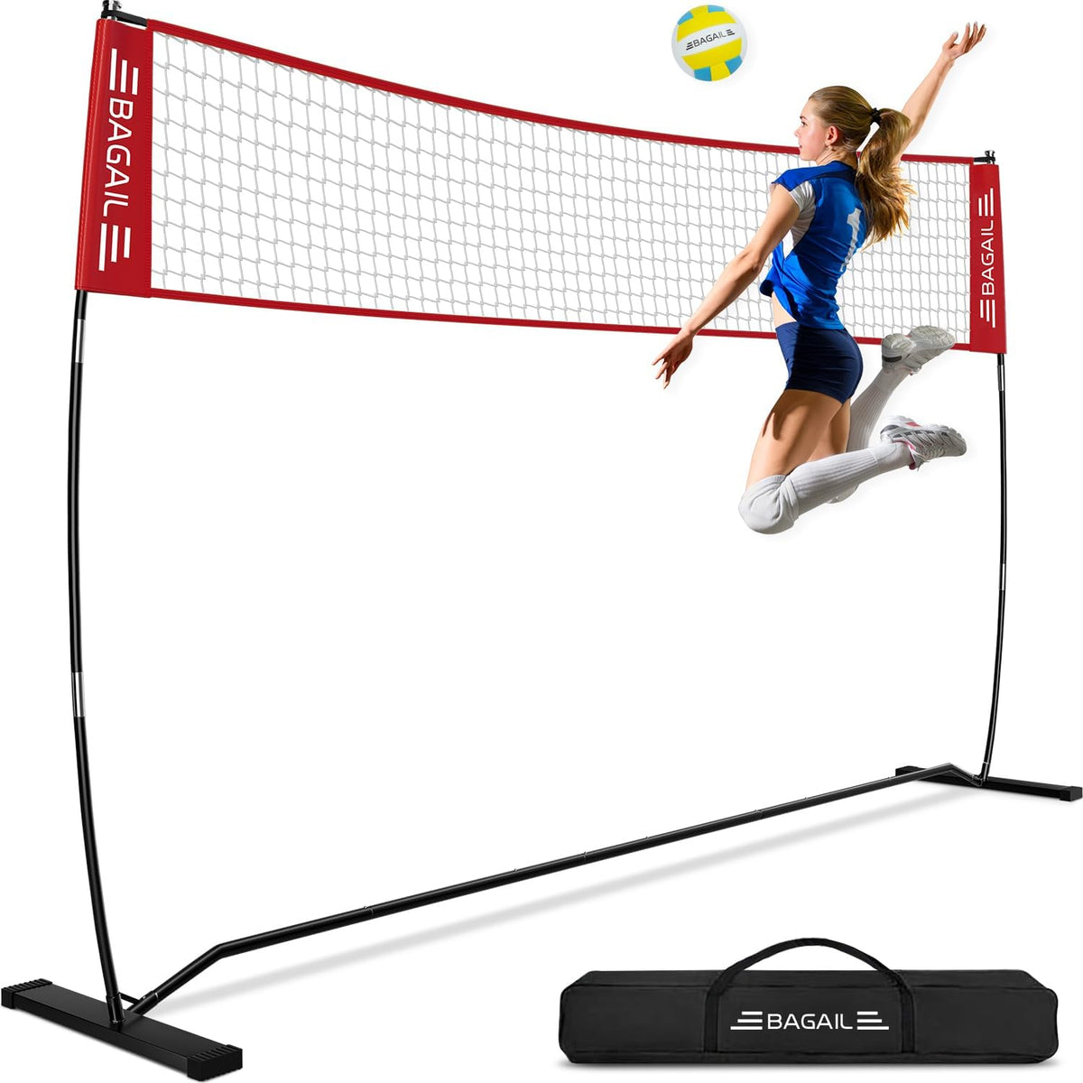 BAGAIL Volleyball Net, 12ft/20ft Portable Volleyball Net for Backyard - Adjustable Height, Heavy-Duty Frame, Freestanding Design - Portable Outdoor/Indoor Volleyball Set with Carry Bag
