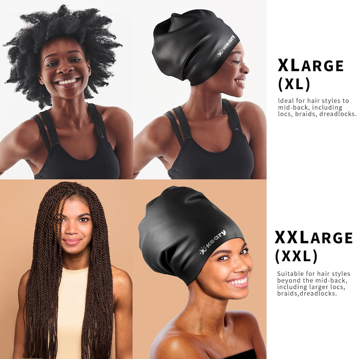Keary Extra Large Swim Cap for Braids and Dreadlocks Extensions Weaves Long Hair, Waterproof Silicone Cover Ear Bath Pool Shower Swimming Cap for Adult Youth to Keep Hair Dry, Easy to Put On and Off