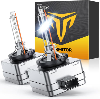 D1S Xenon HID Headlights Bulbs, 400% Enhanced Brightness, 6000K Cool White High/Low Beam, Replacement 66144 66140 85140 85415, IP68 with Metal Base, Plug and Play, Pack of 2