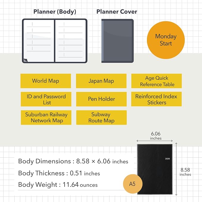 NOLTY Access A5-5 Weekly Planner 2026, April Start, Japanese Edition, Black, 2026-9683