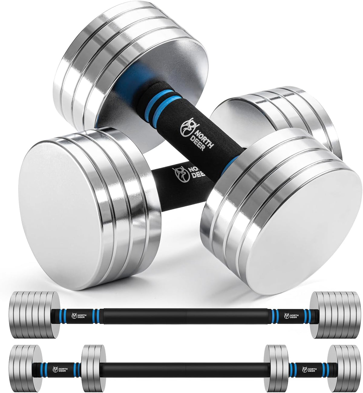 Northdeer V2.0 Upgraded Adjustable Steel Dumbbells 40LB / 60LB - 2 in 1 Dumbbell Barbell Set for Home Gym Workout - Compatible with V1.0 Dumbbells