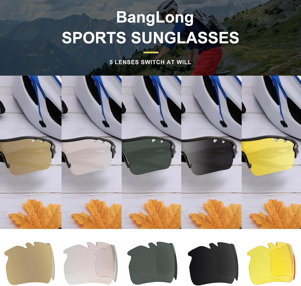 BangLong Polarized Sports Sunglasses Cycling Sun Glasses for Men Women with 5 Interchangeable Lenes for Running Baseball Golf