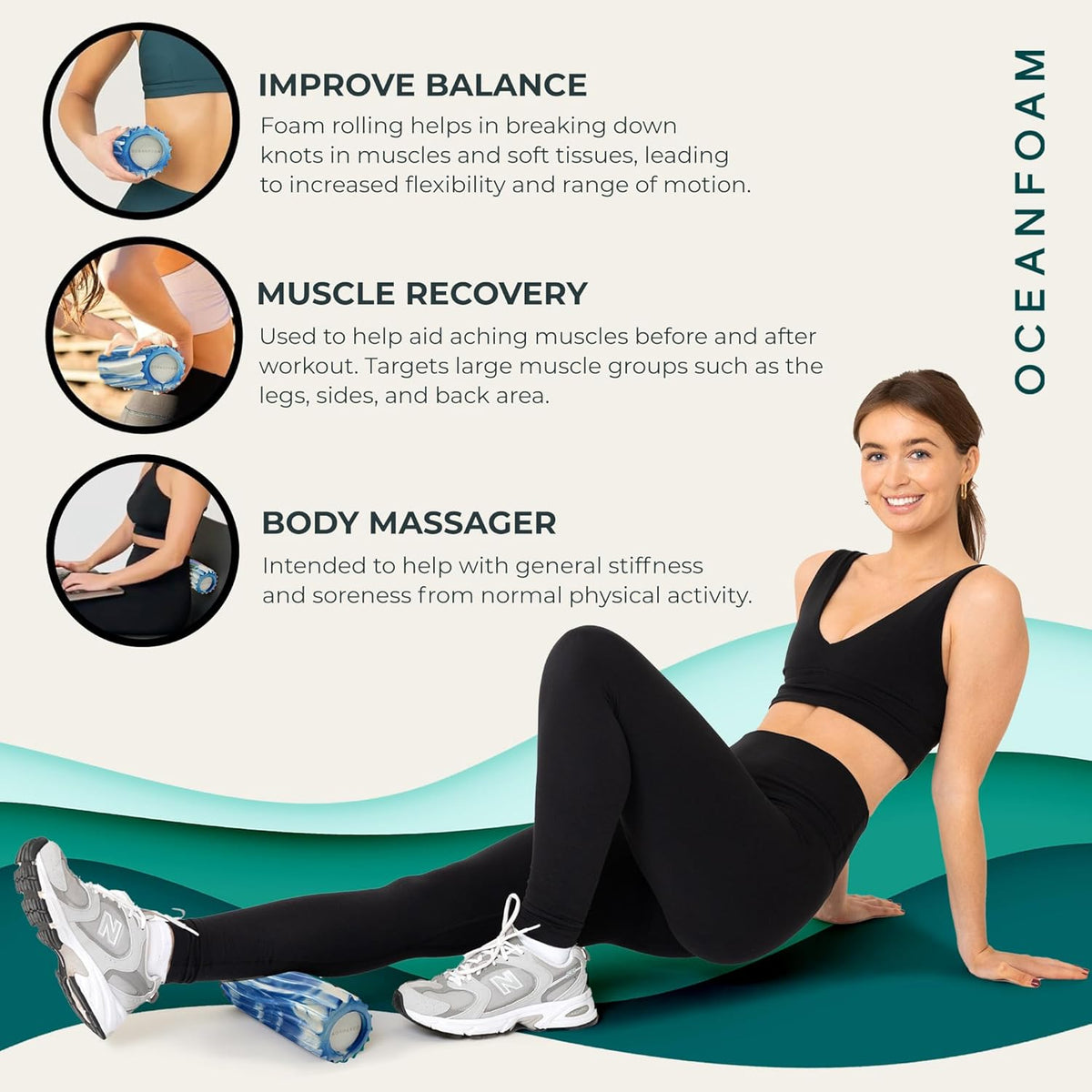 Oceanfoam Ripple Travel Foam Roller (11" x 3.35") Firm Mini Foam Roller for Physical Therapy, Deep Tissue Massage, Back Pain - High Density, Ergonomic Wave Textured - Yoga, Exercise (Royal Marbled)