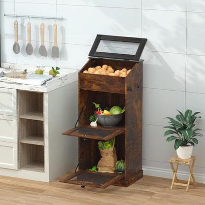 Wooden Potato and Onion Storage Bin w/Lid, Large Capacity and Ventilated Design, Ideal for Pantry, Kitchen Brown
