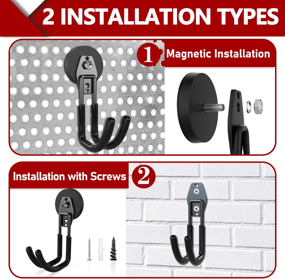 3-H Heavy Duty Magnet Garage Hooks 2 Pack, J Shape Strong Magnetic Hooks for Hanging Cordless Power Drill, Utility Magnetic Tool Holder for Metal Cabinet, Steel Pegboard, Toolbox, Garage(Black)