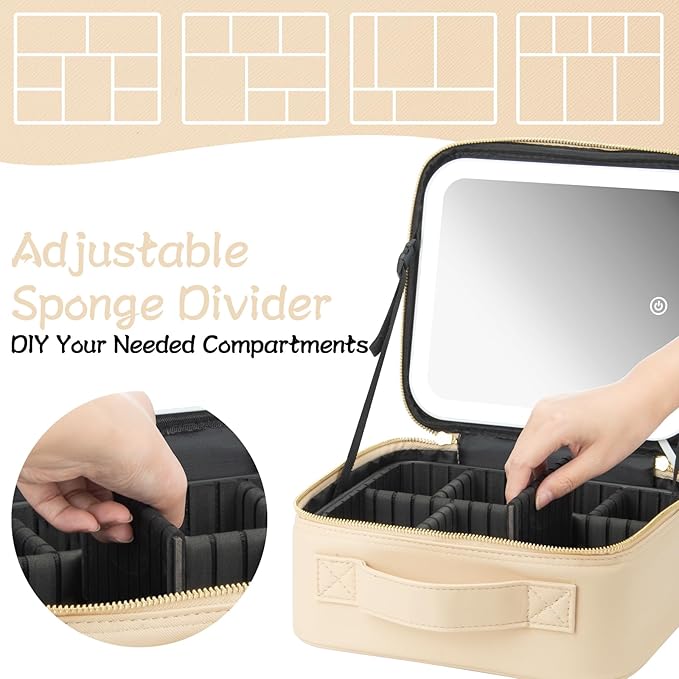 Makeup Travel Train Case with Mirror LED Light 3 Adjustable Brightness Large Cosmetic Bag Portable Storage Adjustable Partition Waterproof Makeup Brushes Make up Jewelry Gift for Women