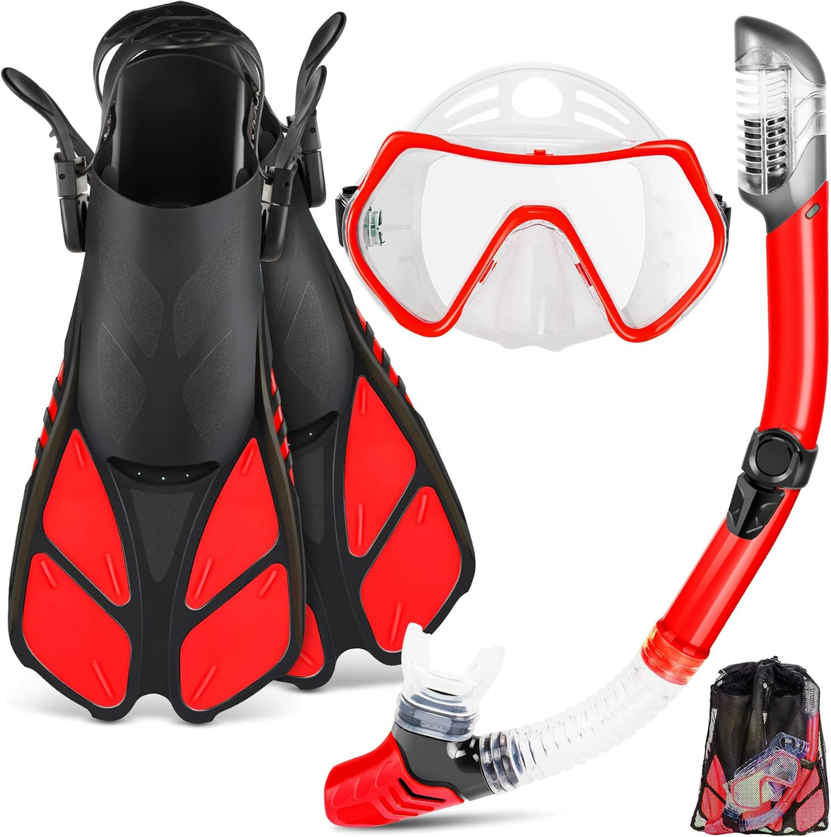 ZEEPORTE Mask Fin Snorkel Set, Travel Size Snorkeling Gear for Adults with Panoramic View Anti-Fog Mask, Trek Fins, Dry Top Snorkel and Gear Bag for Swimming Training, Snorkeling Kit Diving Packages