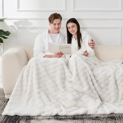 Cozy Bliss Faux Fur Throw Blanket for Couch - Ultra Soft Fuzzy Cozy Throw Gift Blankets for Women,Cream White Boho Blanket for Sofa Bedroom Living Room.60 * 80 Inches