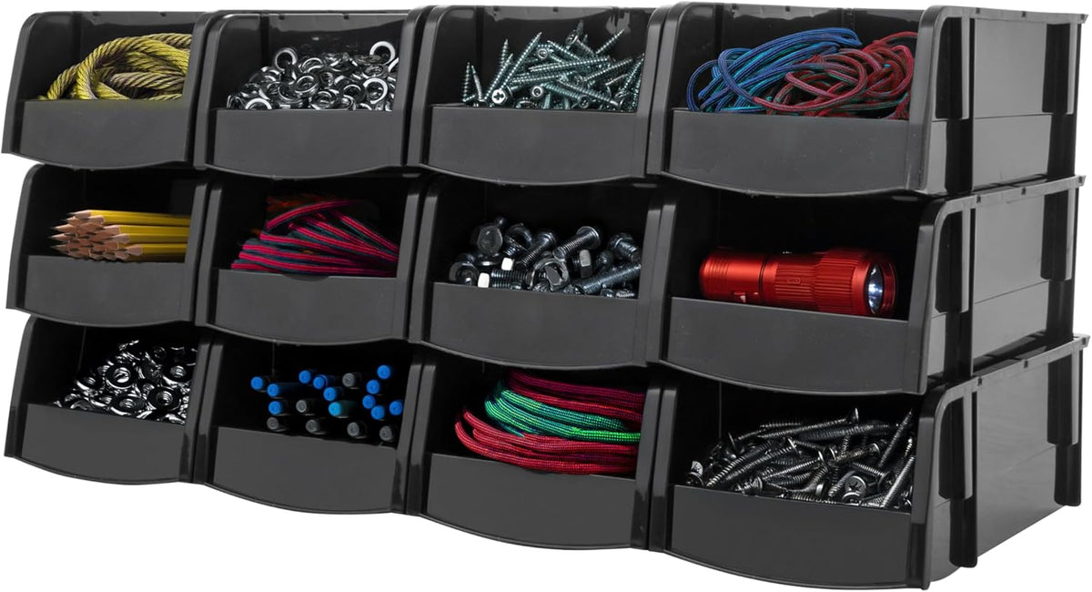 IRIS USA Stackable Storage Bins Open Front, 12 Pack, Plastic Hanging Organizer Caddy Basket for Hardware Crafts, Small Parts, Nuts and Bolts, Garage Tool Storage, Small, Black