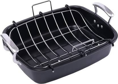 Uukrave Turkey Roasting Pan with Rack (U-Shaped), Extra Large 18.5 x 14.6 Inch Nonstick Roaster Pan for 25 lb Turkey or Chicken, Deep Oven Tray with Wide Handles, Heavy Duty Steel, Nontoxic