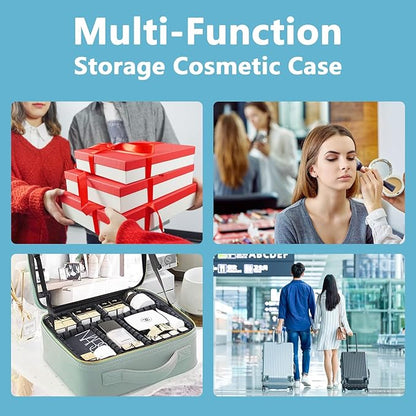 Travel Makeup Bag for Women and Makeup Artists Cosmetic Organizer Large Makeup Case,Travel Makeup Bag with Mirror 3 Color Setting,Portable Storage and Adjustable Dividers(blue)