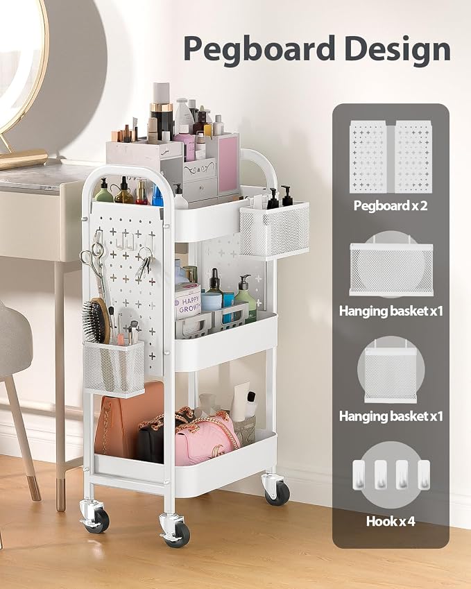 ALVOROG 3 Tier Rolling Cart with DIY Pegboards Metal Utility Cart with Wheels Handles Baskets Hooks, Storage Cart for Office Kitchen Bathroom(White)