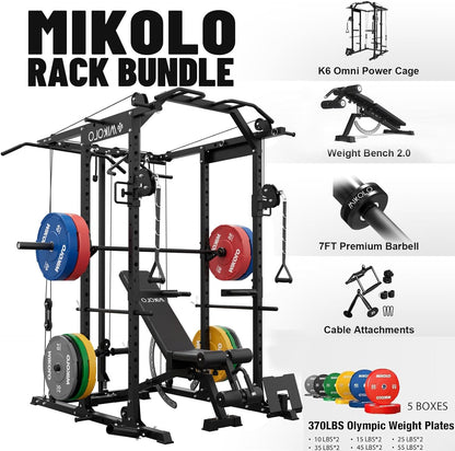Mikolo Power Cage, Power Rack with Cable Crossover System, 1500LBS Squat Rack with LAT Pull Down System, Workout Cage with Pulley System for Fitness Home Gym