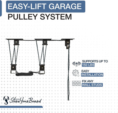 Teal Triangle Heavy Duty Elite Kayak Hoist, Easy-Lift Garage Pulley System, Holds 150 lbs, Fits 12-Foot+ Ceilings, Patented No-Slip Strap, No Setup Required