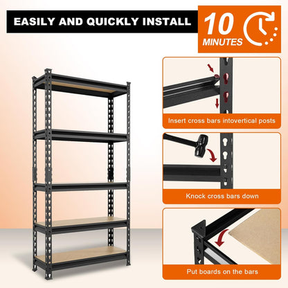 BIG RED Storage Shelving Unit, 5-Tier Adjustable, Heavy Duty Metal Garage Shelves/Utility Rack for Kitchen, Pantry, Basement, Bathroom, Laundry - 2,000 lbs Capacity, Black, 72" H x 35" W x 12" D