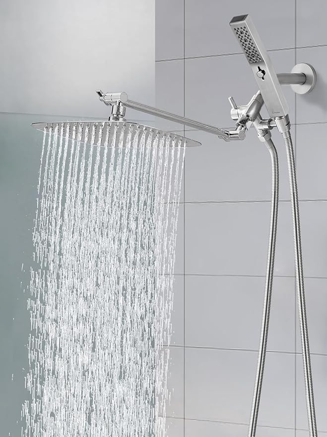 G-Promise All Metal 12 Inch Dual Square Shower Head with Handheld Spray Combo, Rain Shower Head, Adjustable Extension Arm, 3-Way Diverter, 71 Inch Extra Long Hose - A Bathroom Upgrade(Brushed Nickel)