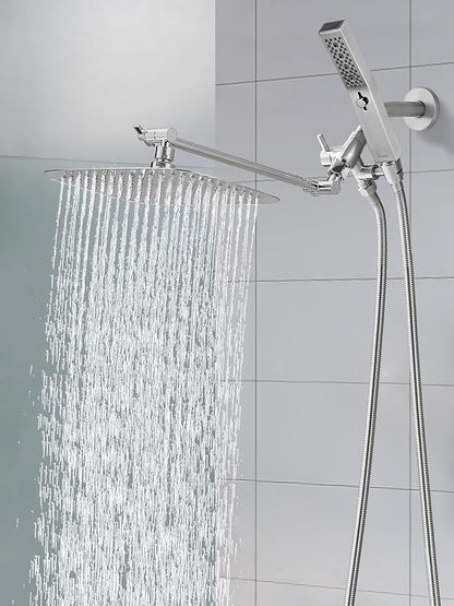 G-Promise All Metal 12 Inch Dual Square Shower Head with Handheld Spray Combo, Rain Shower Head, Adjustable Extension Arm, 3-Way Diverter, 71 Inch Extra Long Hose - A Bathroom Upgrade(Brushed Nickel)