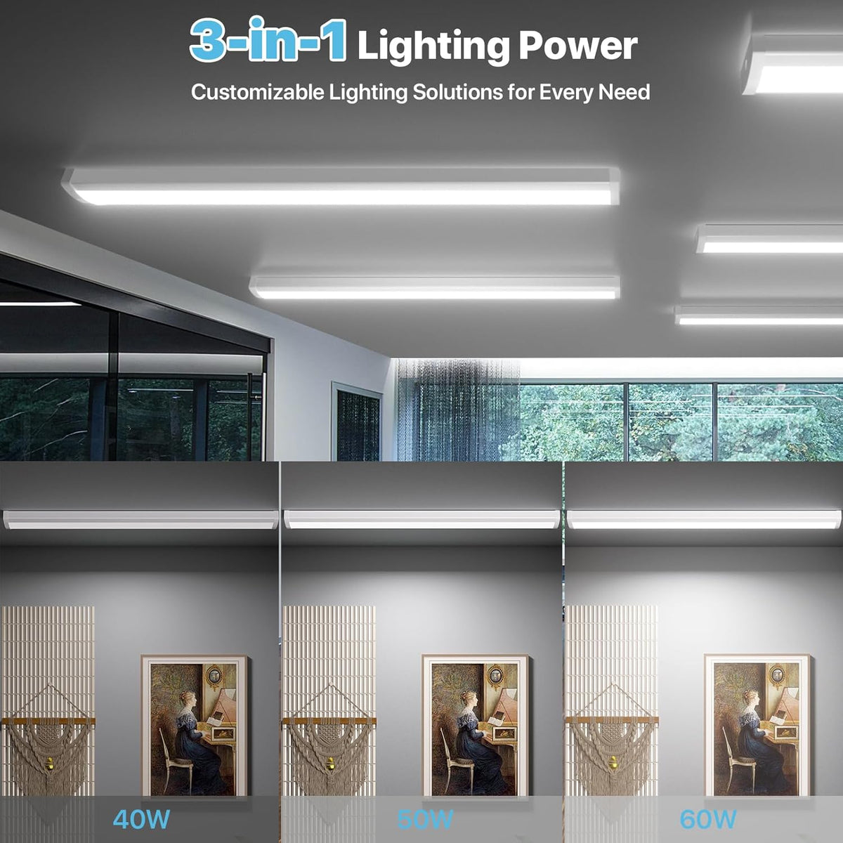 HYPERLITE 4ft LED Wraparound Light 60W,6600LM 4' LED Shop Lights Fixture with 3 Wattages for Garage,4000K Neutral White Wrap Light AC120V, 48inch Led Light Fixtures for for Garage, Office, Kitchen