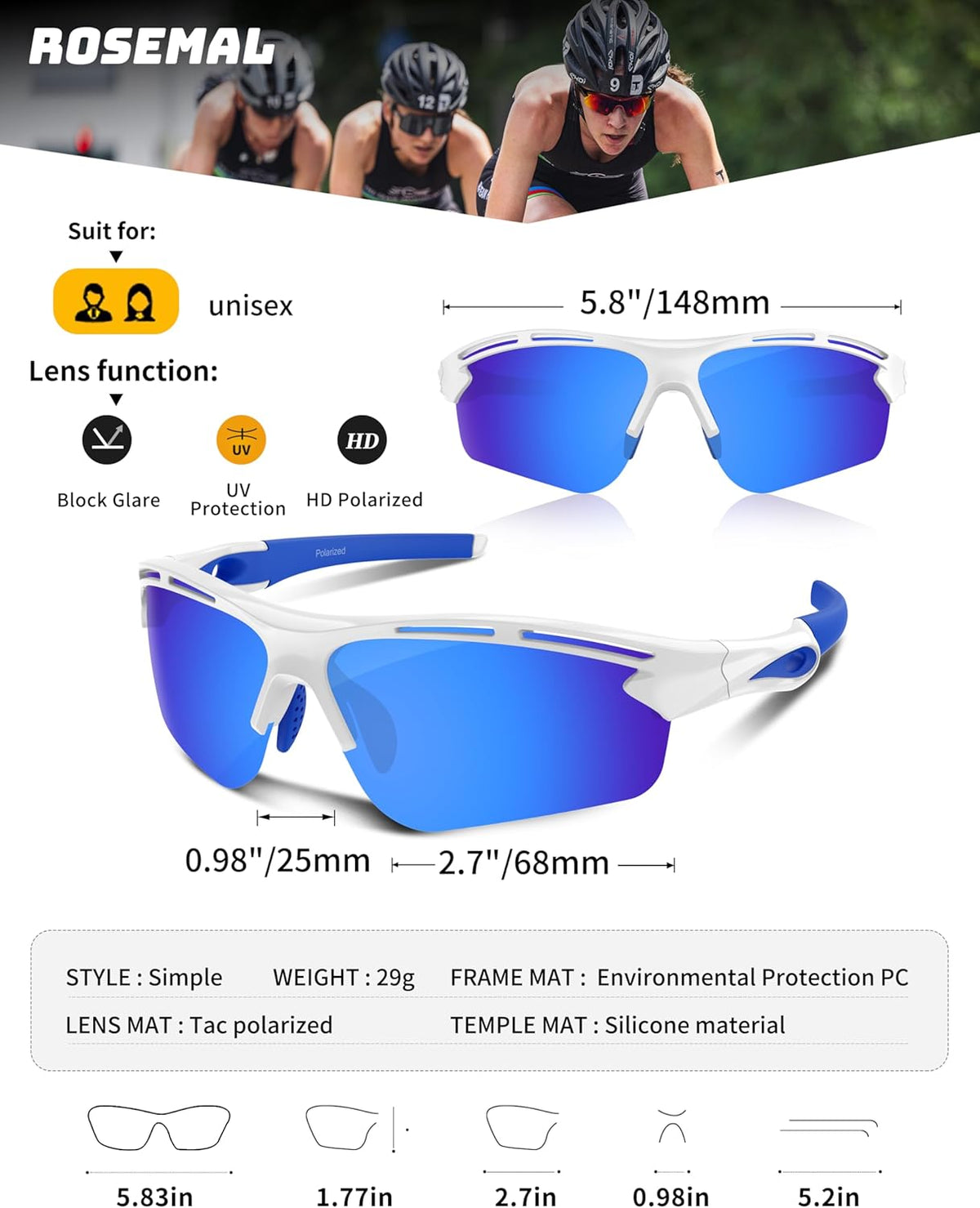 Polarized Sports Sunglasses for Men Women,UV400 Protection Sunglass for Running Cycling Fishing Hiking TR90