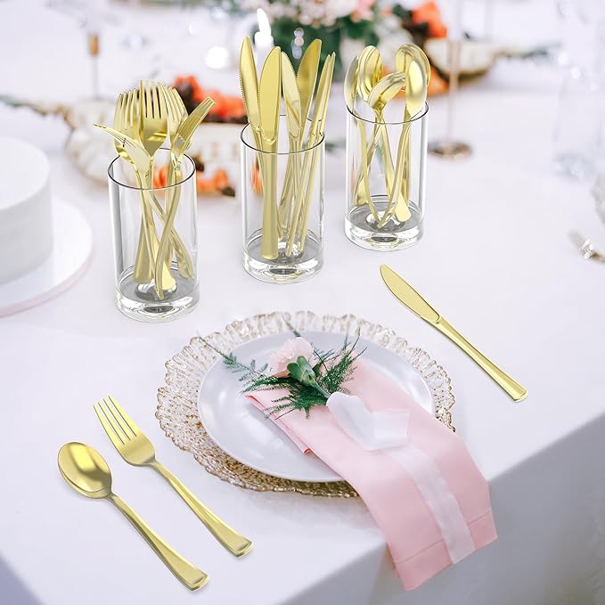 100 Count Heavy Duty Gold Plastic Forks Disposable, BPA-Free, Heat Resistant, Solid and Durable Premium Plastic Disposable Forks for Party Supply