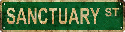 SANCTUARY ST Non-Embossed Vintage Metal Tin Street Sign Bar Cafe Garage Cave Home Room Wall Bathroom Farmhouse Garden Porch Patio Decor, 16 x 4 Inch