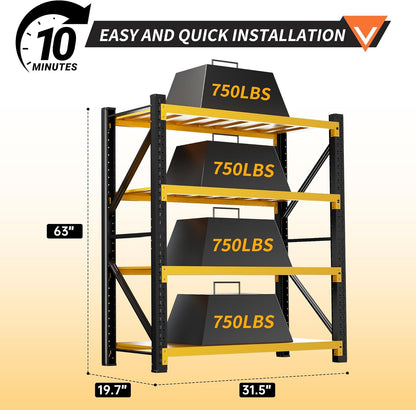 3000LBS Garage Shelving 32" W Garage Shelving Heavy Duty 4-Tier Metal Storage Shelves Adjustable Shelf Unit Storage Rack for Basement Supermarket Warehouse 32" W x 20" D x 63" H Yellow