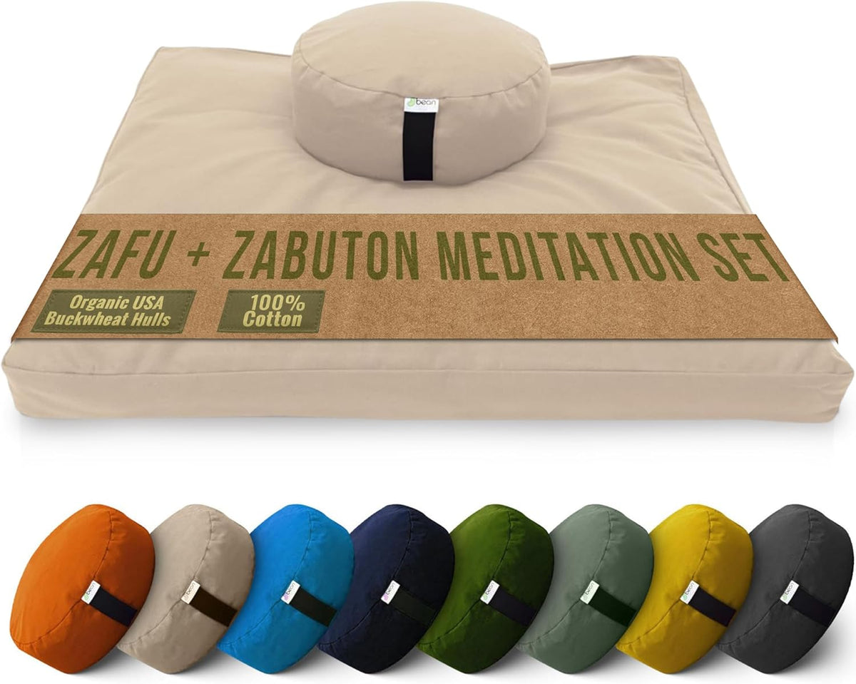 Bean Products Meditation Cushion Mat Set - Zafu Floor Pillow Organic Buckwheat Pillow + Cotton Filled Zabuton Prayer Pad - Meditation Pillow Yoga Knee Pad - Made in USA - 14" Round or 18" Oval